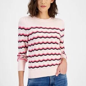 Tommy Hilfiger Women's Scallop Stripe 100% Cotton Sweater Pink Wave Pattern